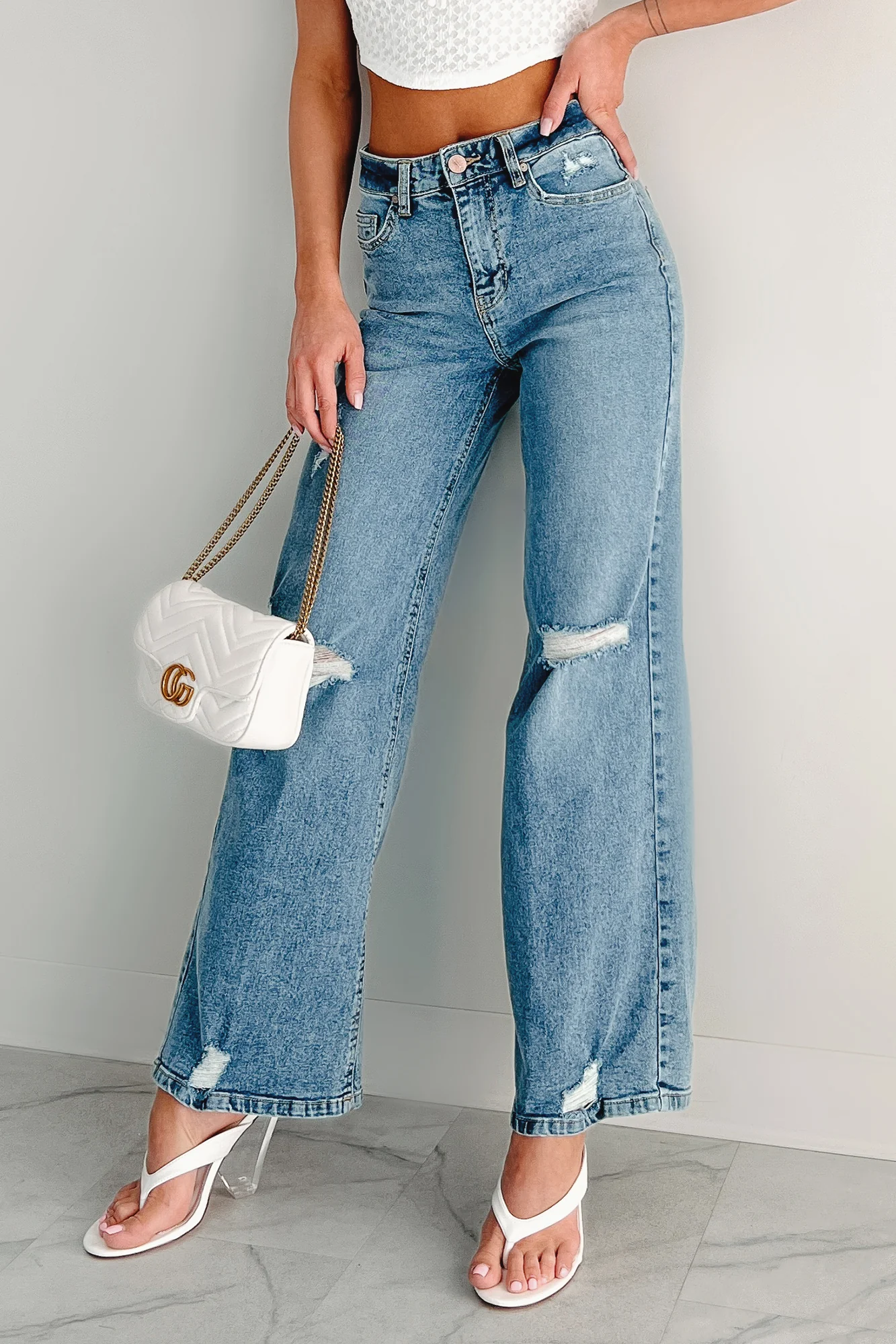 Molly High Rise Wide Leg Distressed Indigo Reign Jeans (Medium Light)