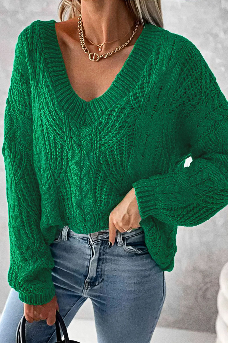 Solid Mixed Knit V Neck Long Sleeve Sweater