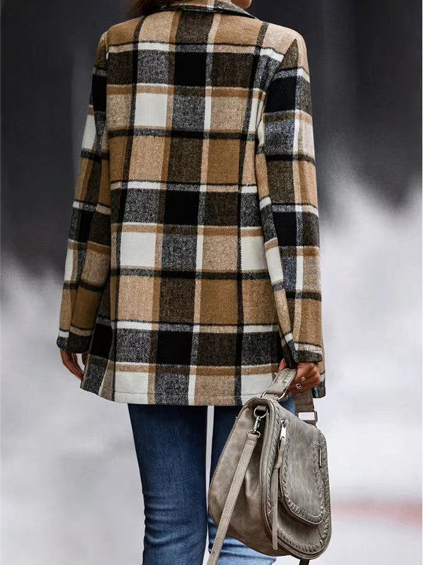 Loose Plaid Print Long Sleeve Pocket Coat