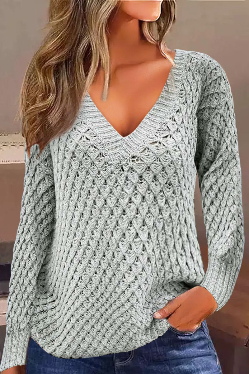 Solid Pointelle Knit V Neck Drop Shoulder Sweater