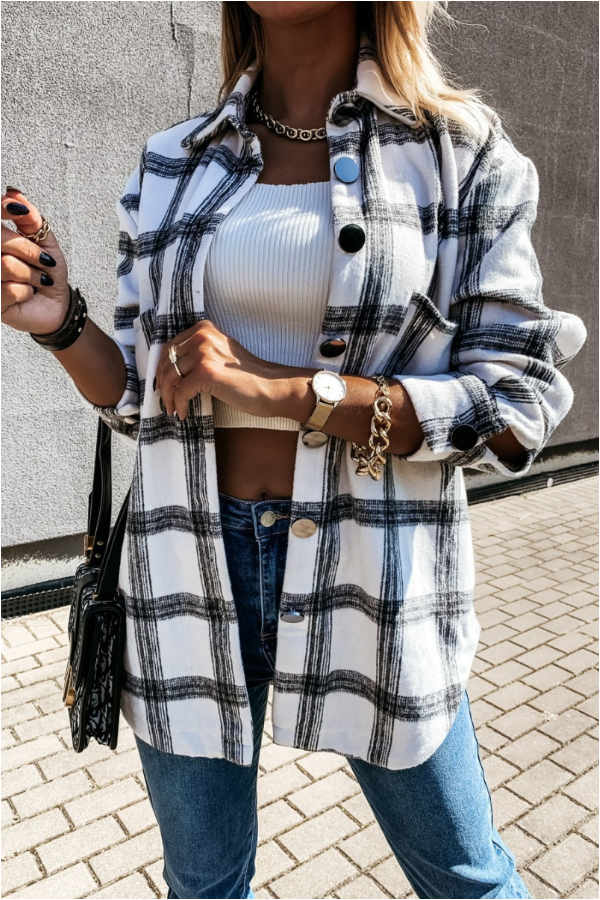 Fashion Casual Plaid Splicing Button Pocket Shirt