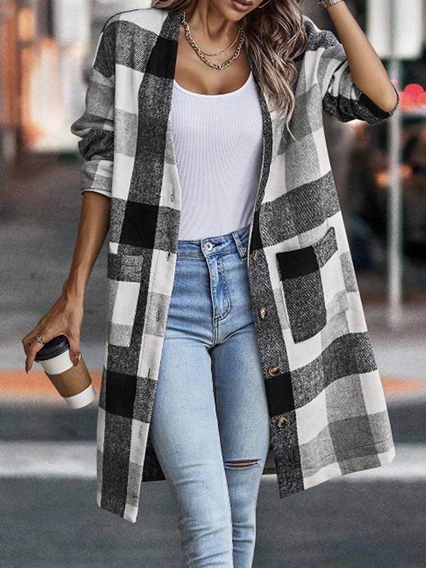 Long Sleeve Single Breasted Neckless Plaid Coat