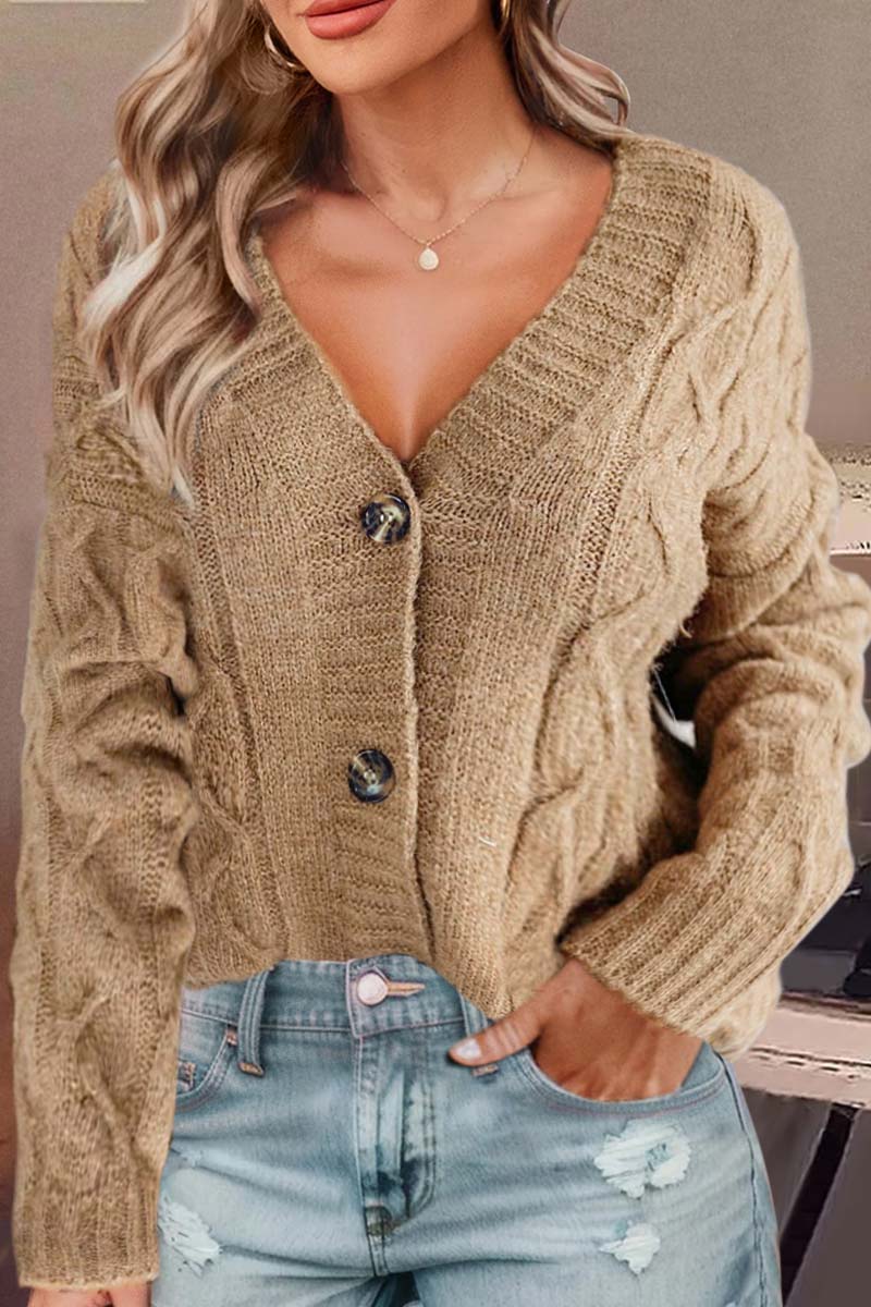 Solid Mixed Knit Button Front V Neck Cardigan