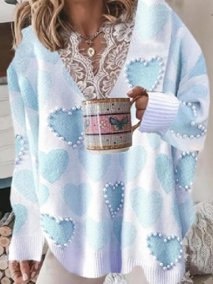 Women's Sweaters Love Beaded Lace V-Neck Long Sleeve Sweater