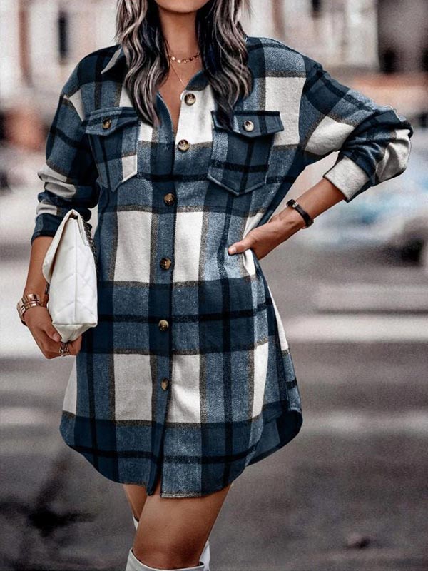Long Sleeve Button Pocket Plaid Jacket
