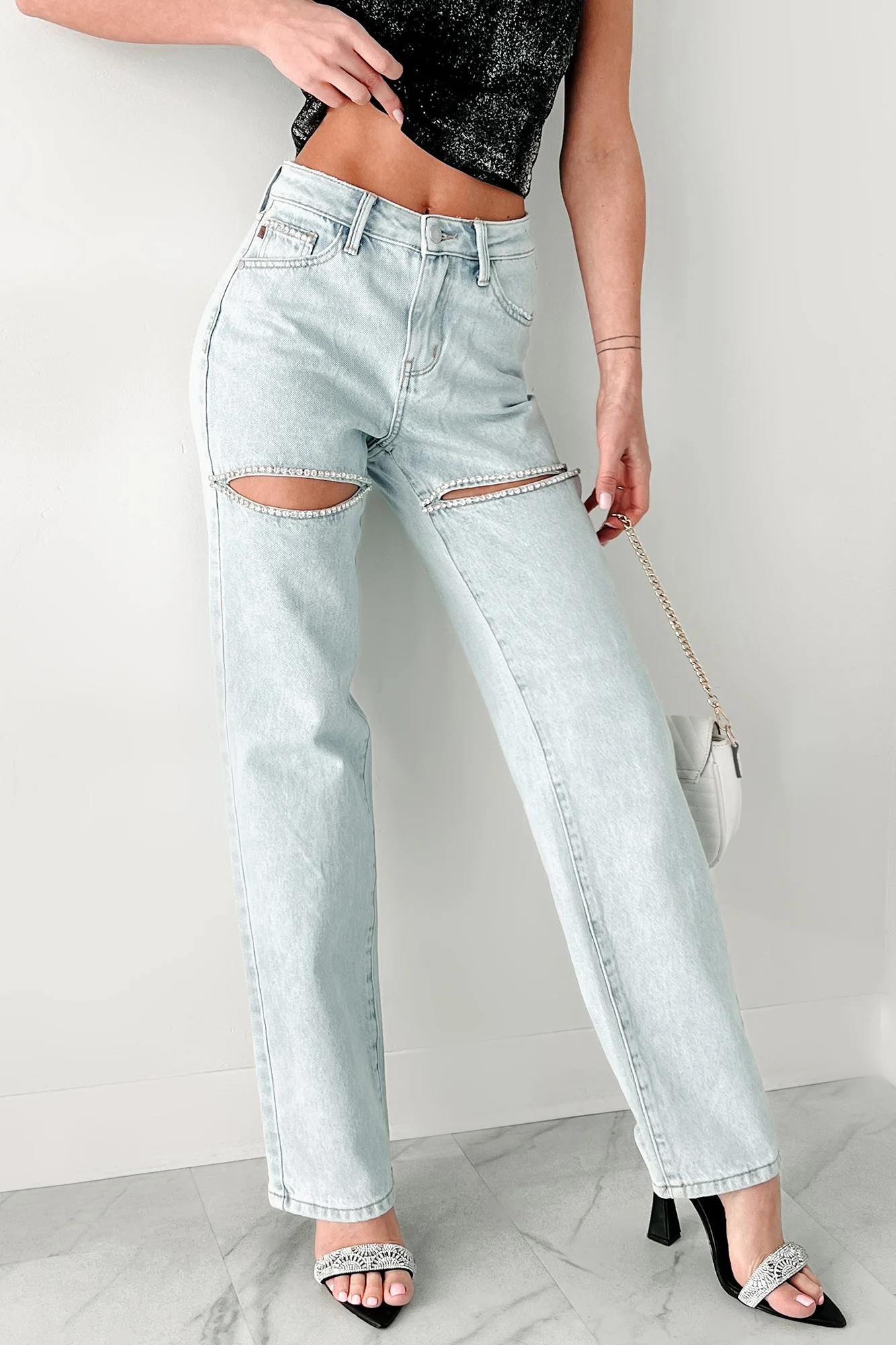 Joyner High Rise Straight Fit Judy Blue Rhinestone Slit Jeans (Light)