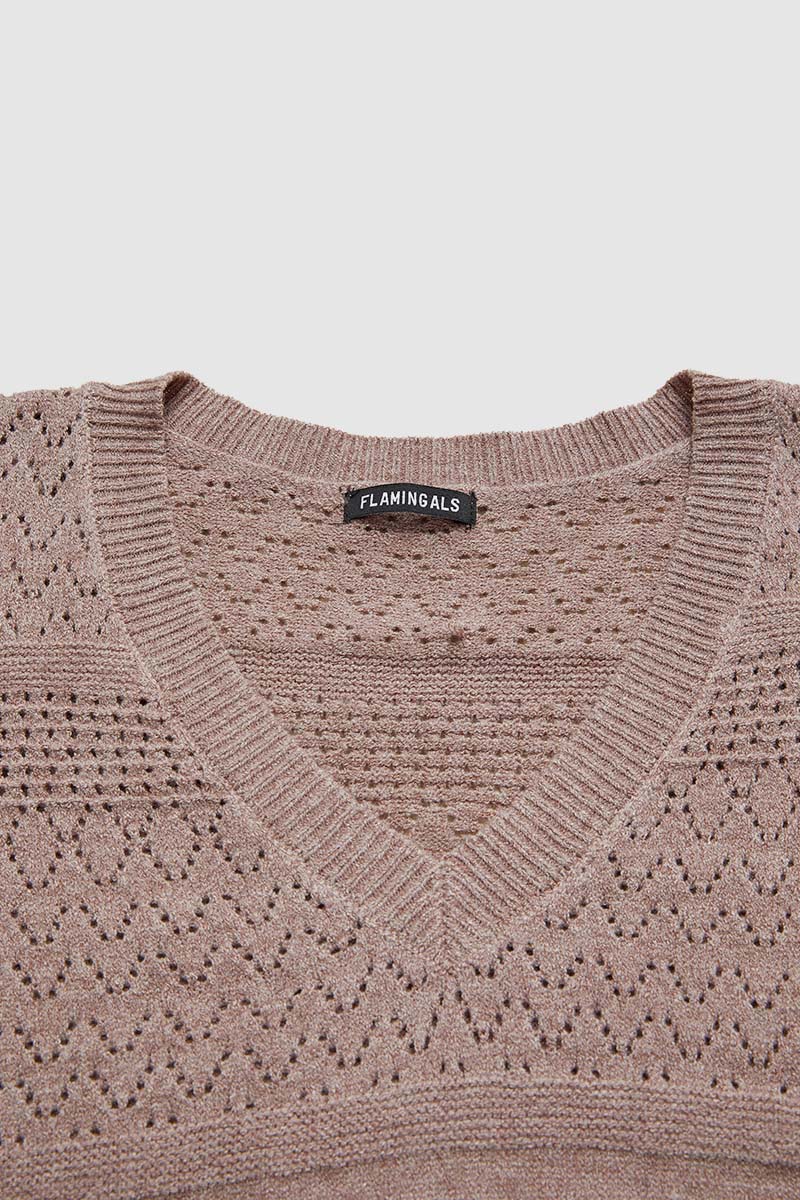 Solid Pointelle Knit V Neck Sweater