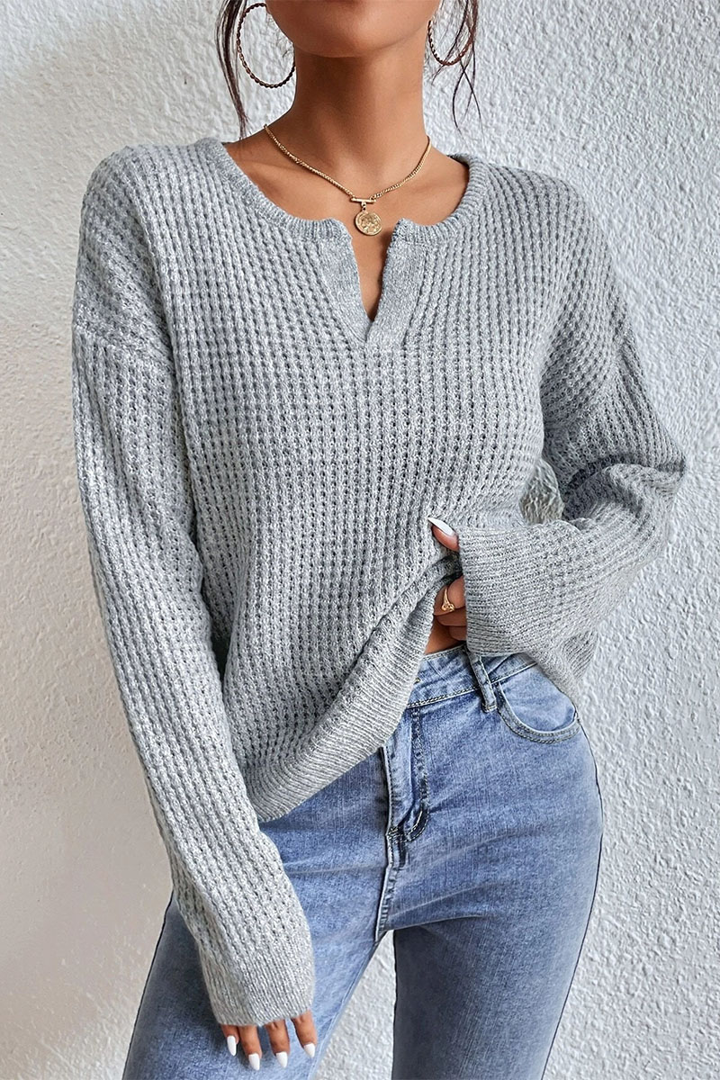 Solid Waffle Knit Notched Neck Long Sleeve Sweater
