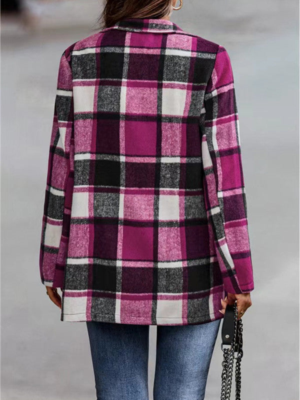 Loose Plaid Print Long Sleeve Pocket Coat
