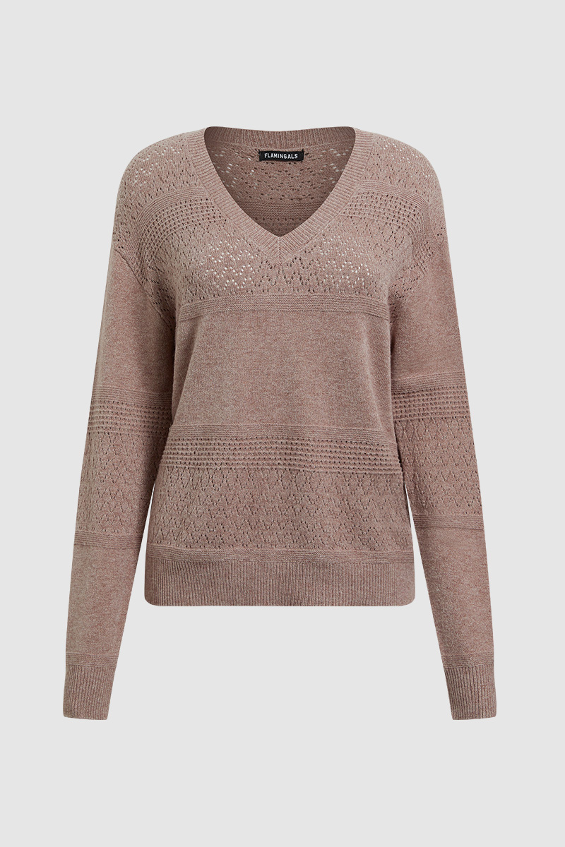 Solid Pointelle Knit V Neck Sweater