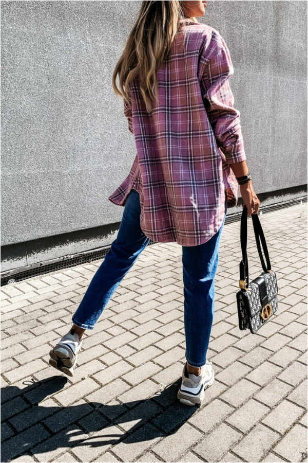 Fashion Casual Plaid Splicing Button Pocket Shirt