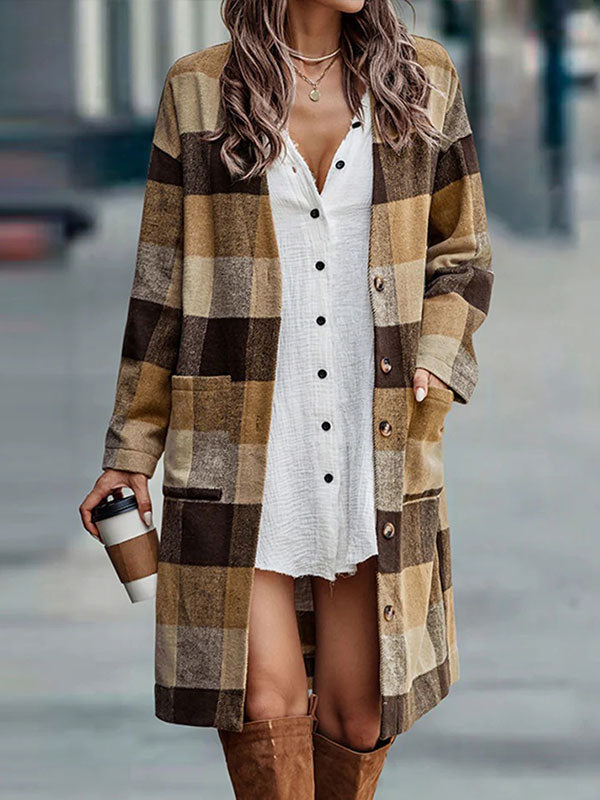 Long Sleeve Single Breasted Neckless Plaid Coat