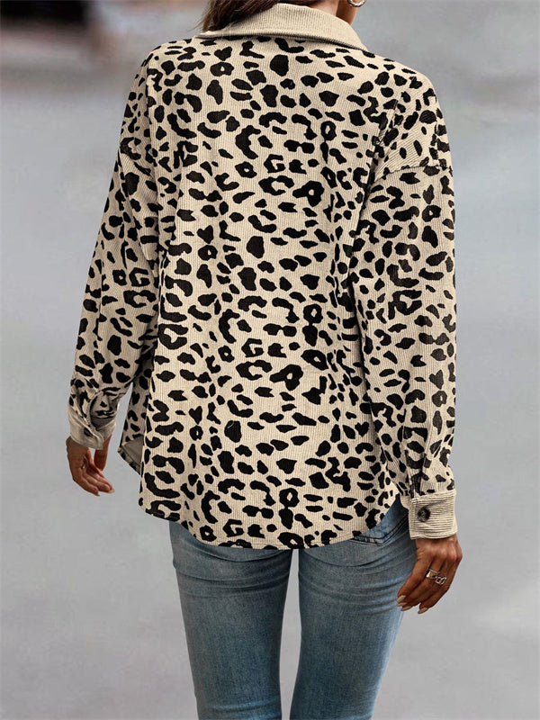 Leopard Pocket Button Long Sleeve Corduroy Jacket
