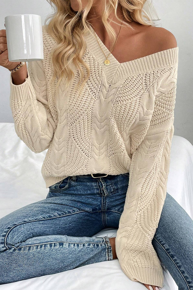 Solid Mixed Knit V Neck Sweater