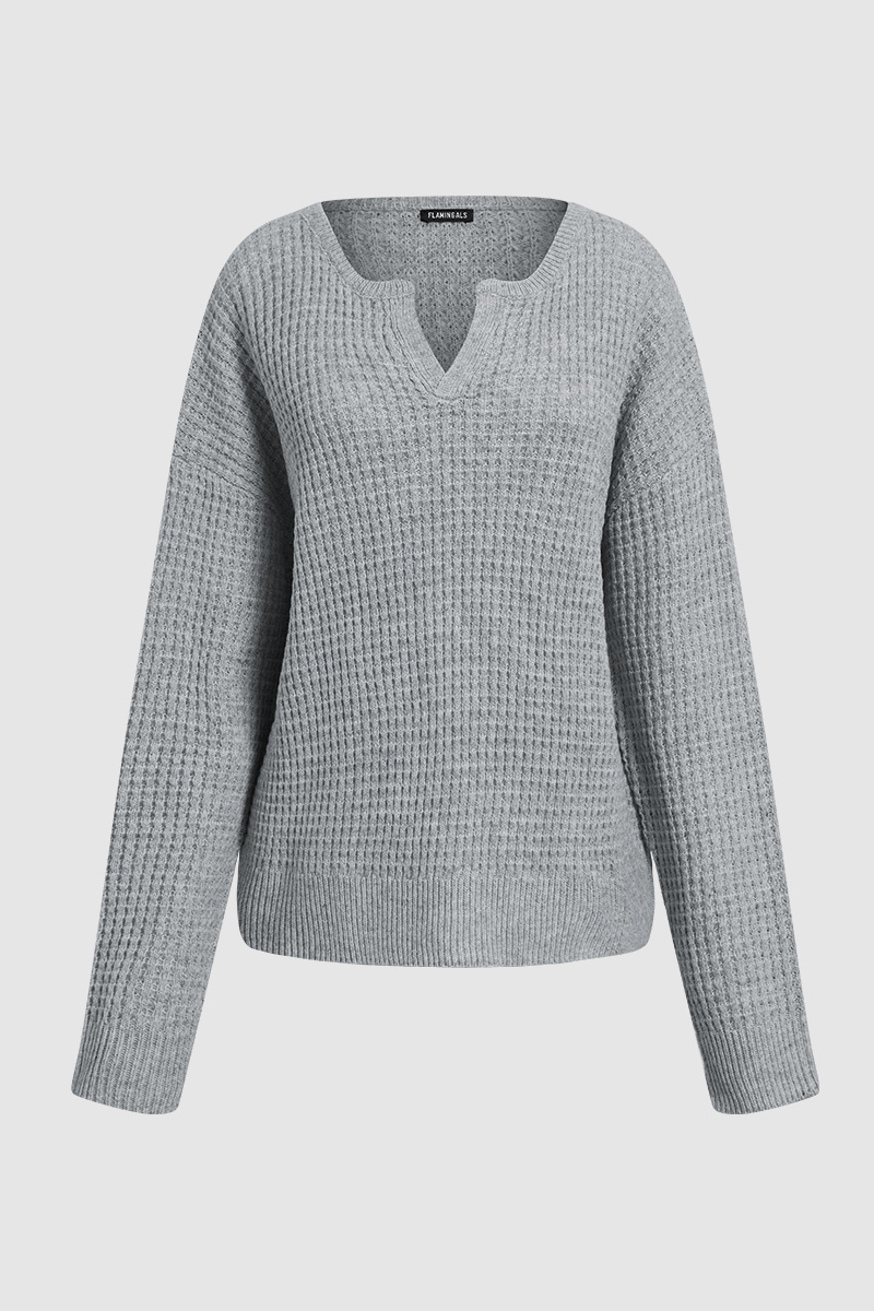 Solid Waffle Knit Notched Neck Long Sleeve Sweater