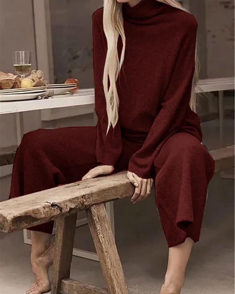 Turtleneck Long Sleeve Knitted Two Pieces Sets Suits