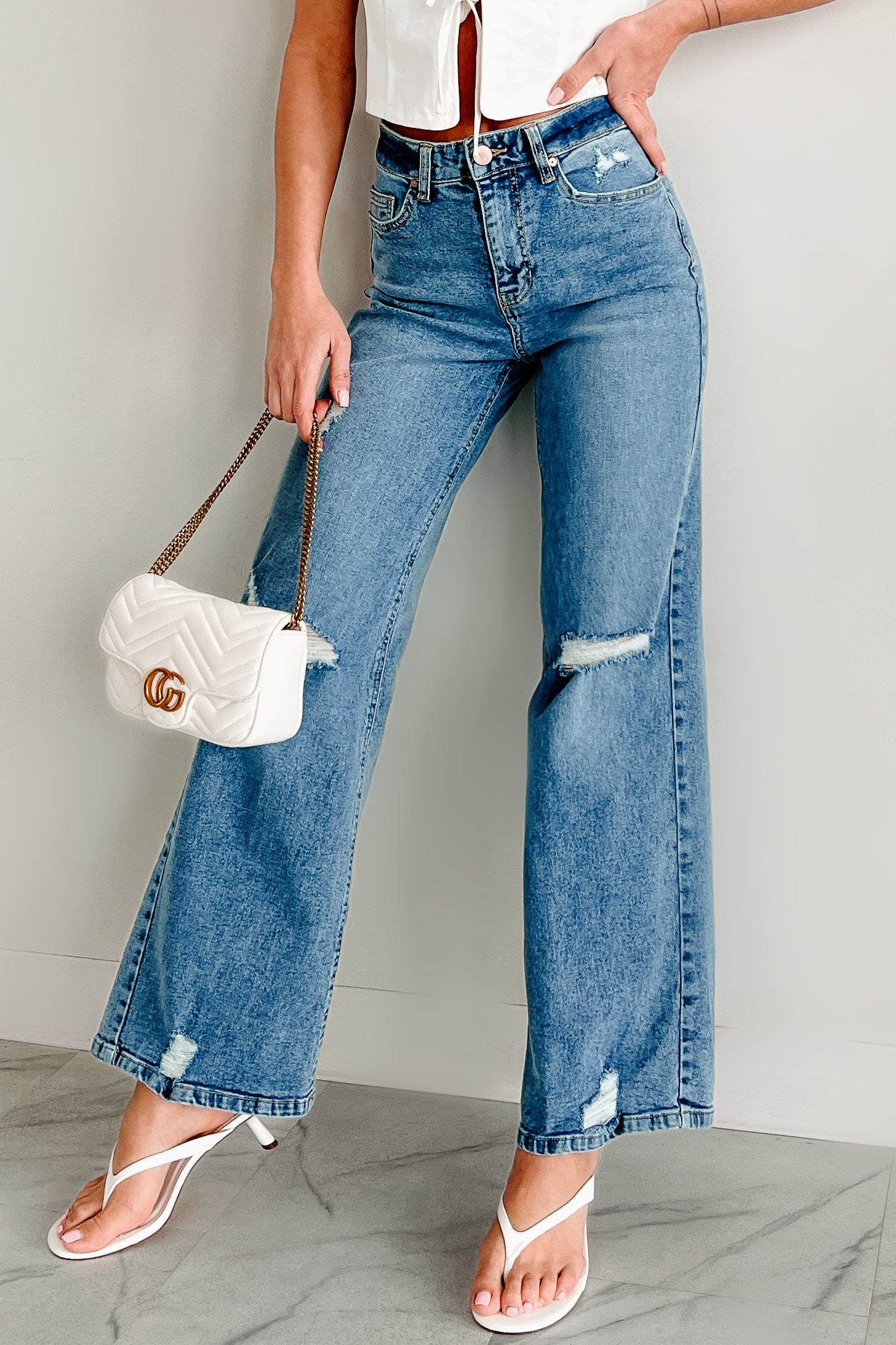 Molly High Rise Wide Leg Distressed Indigo Reign Jeans (Medium Light)