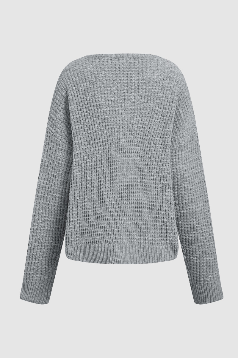 Solid Waffle Knit Notched Neck Long Sleeve Sweater