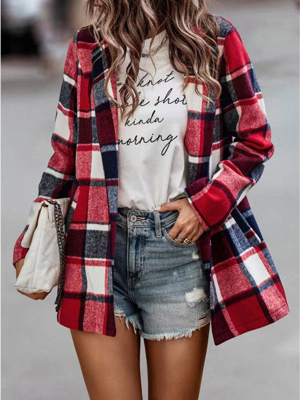 Loose Plaid Print Long Sleeve Pocket Coat