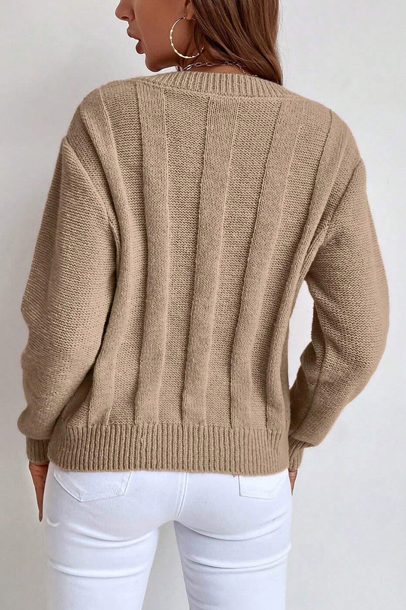 Solid Cable Knit V Neck Sweater