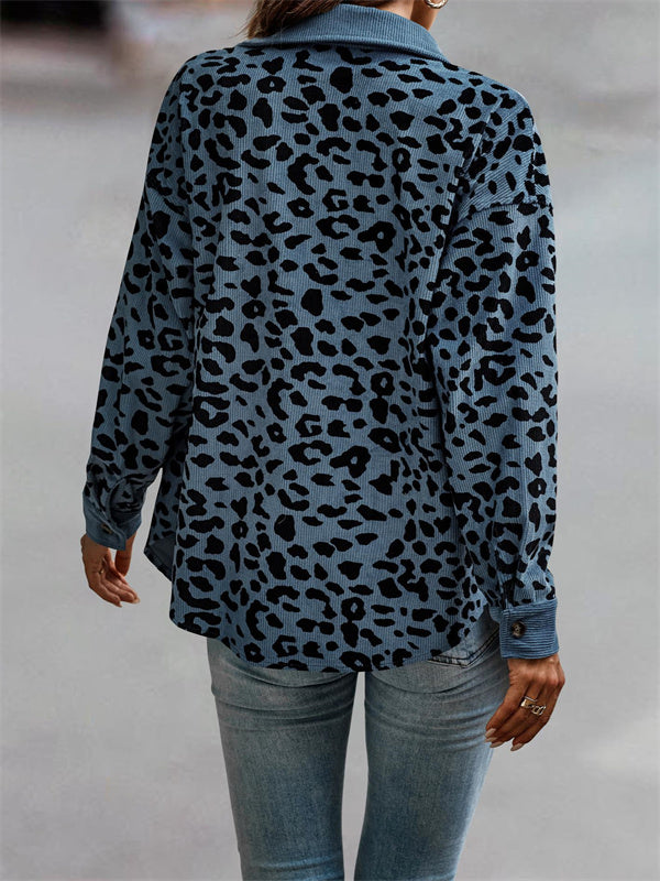 Leopard Pocket Button Long Sleeve Corduroy Jacket