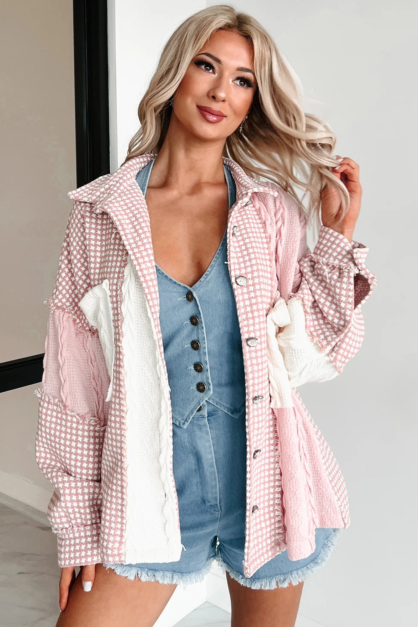 Charmingly Sweet Oversized Patchwork Shacket (Pink Multi)
