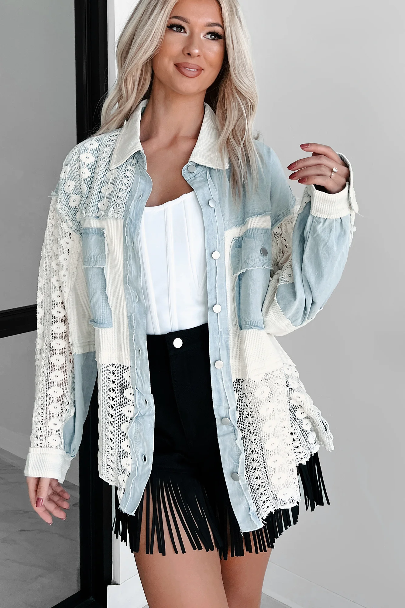 Unique & Interesting Lace Crochet Button-Down Shirt (Denim)