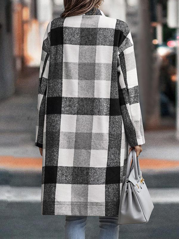 Long Sleeve Single Breasted Neckless Plaid Coat