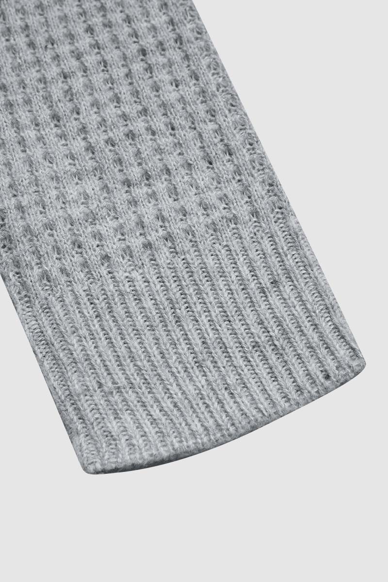 Solid Waffle Knit Notched Neck Long Sleeve Sweater