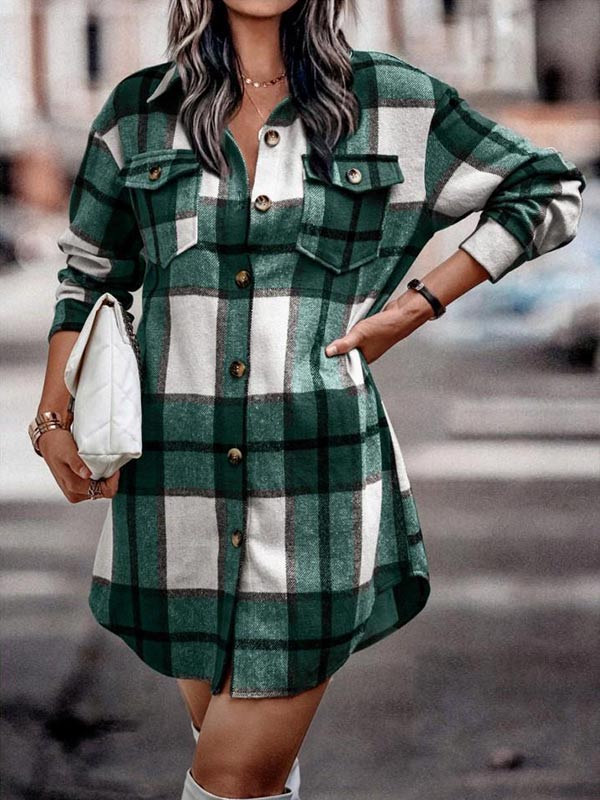 Long Sleeve Button Pocket Plaid Jacket