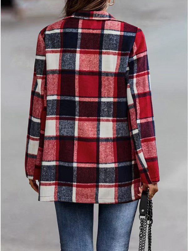 Loose Plaid Print Long Sleeve Pocket Coat
