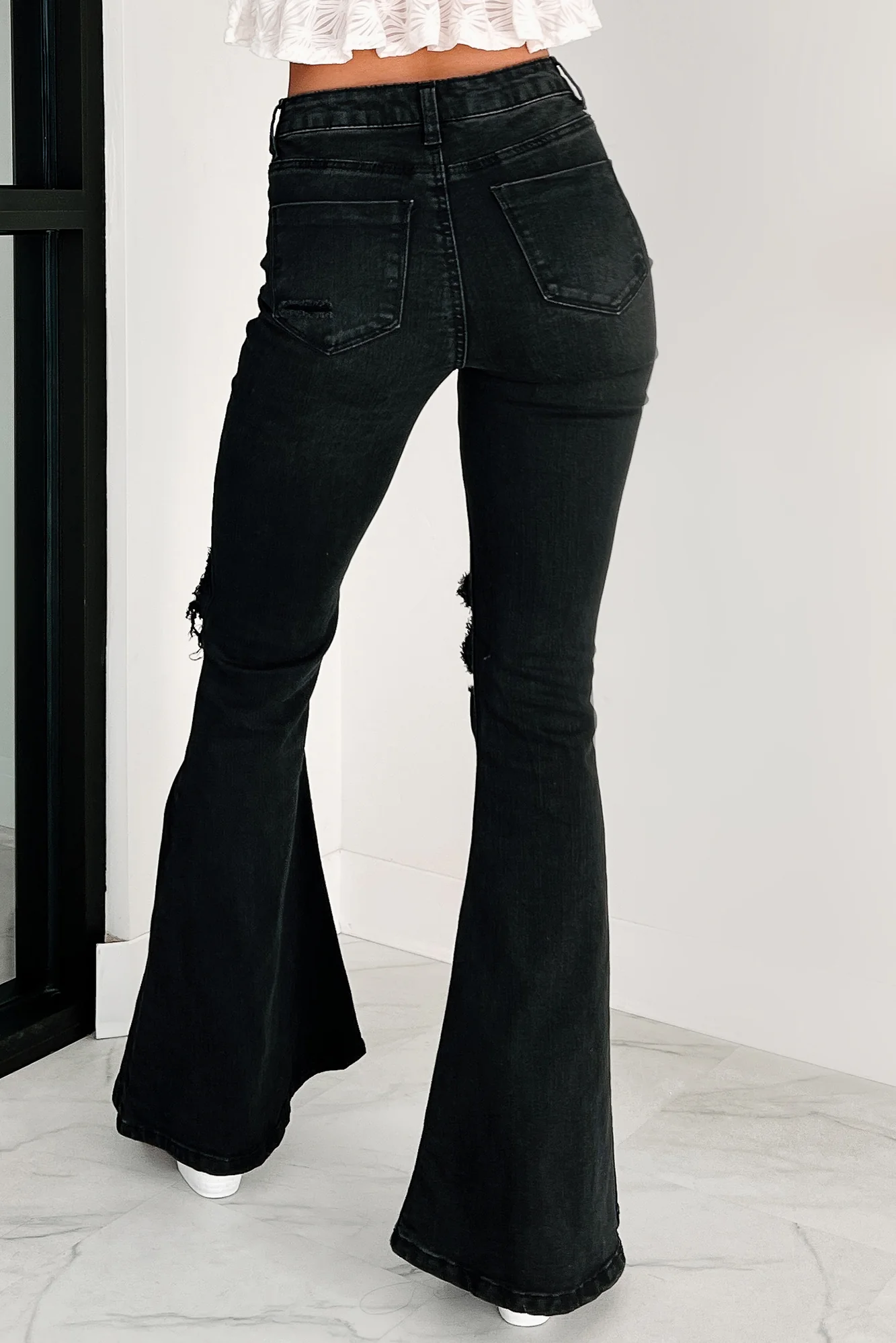 Finnick High Rise Distressed Indigo Reign Flare Jeans (Black)