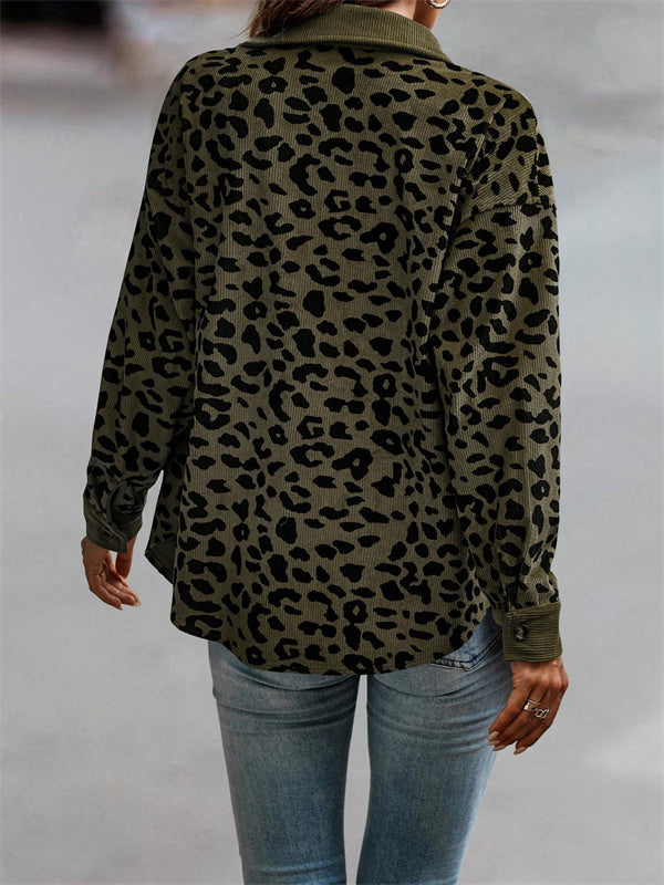 Leopard Pocket Button Long Sleeve Corduroy Jacket