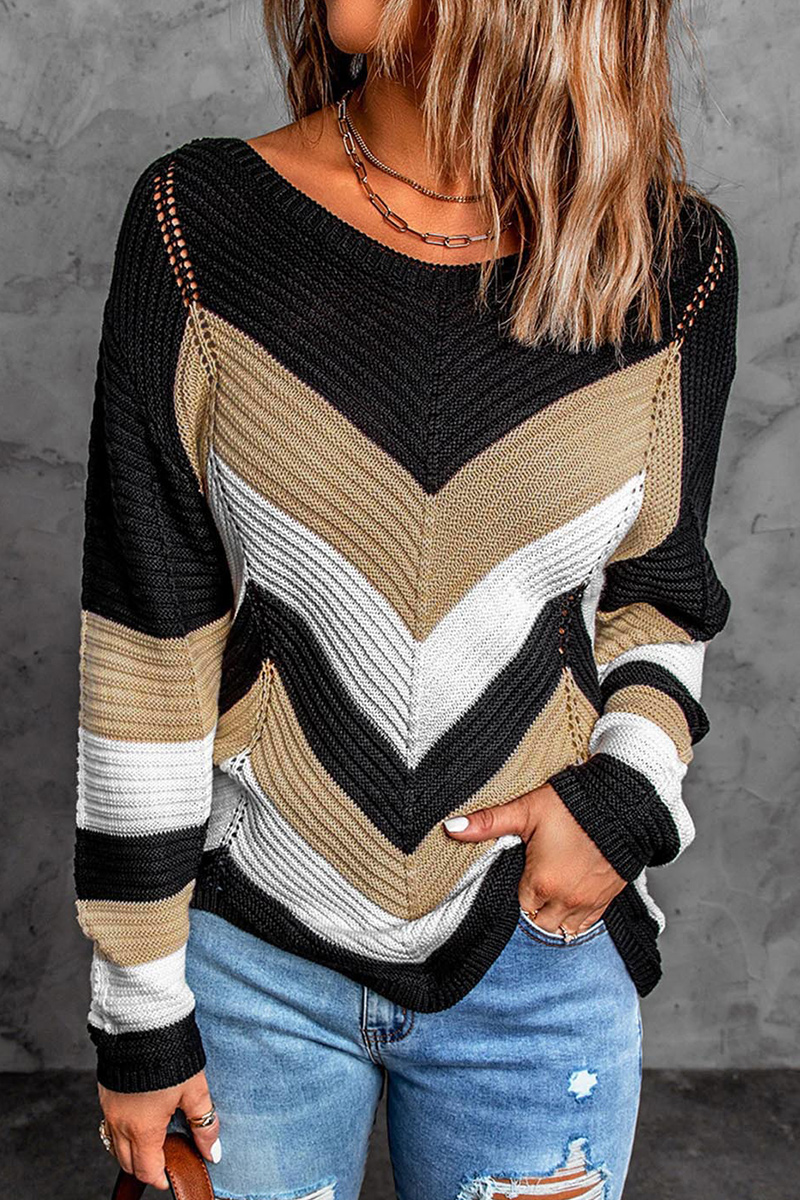 Chevron Pattern Hollow Out Asymmetrical Hem Sweater