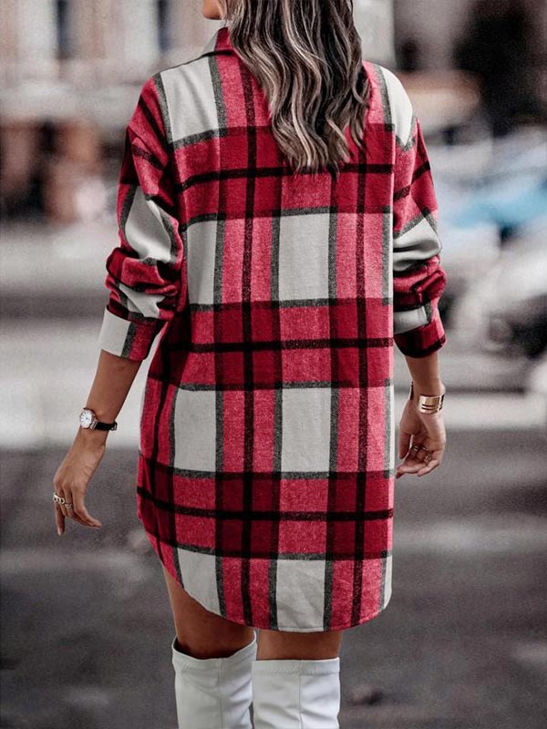 Long Sleeve Button Pocket Plaid Jacket