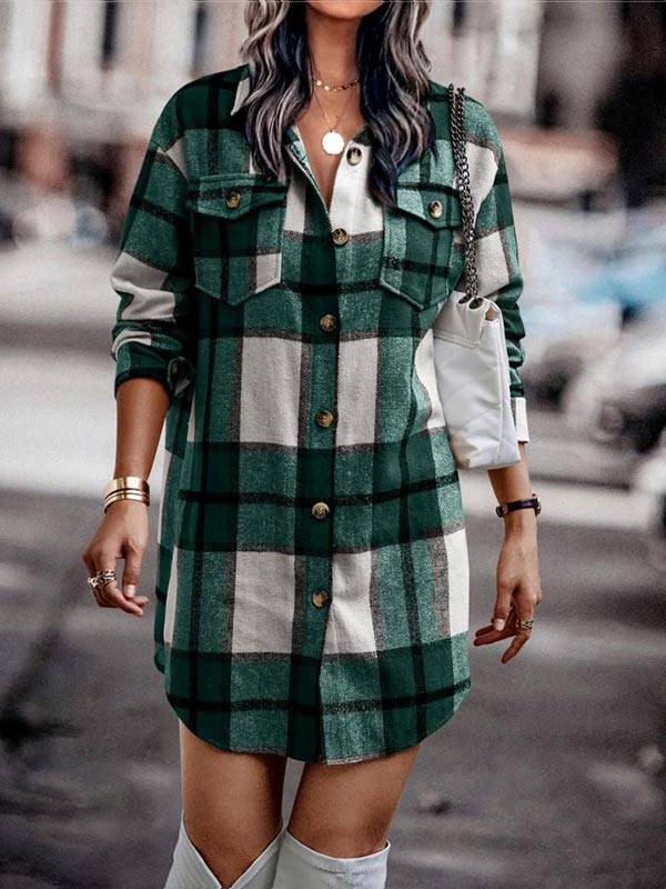 Long Sleeve Button Pocket Plaid Jacket