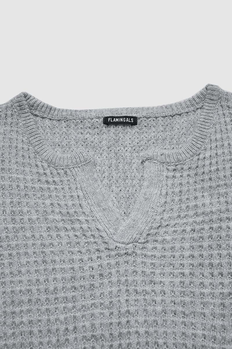 Solid Waffle Knit Notched Neck Long Sleeve Sweater
