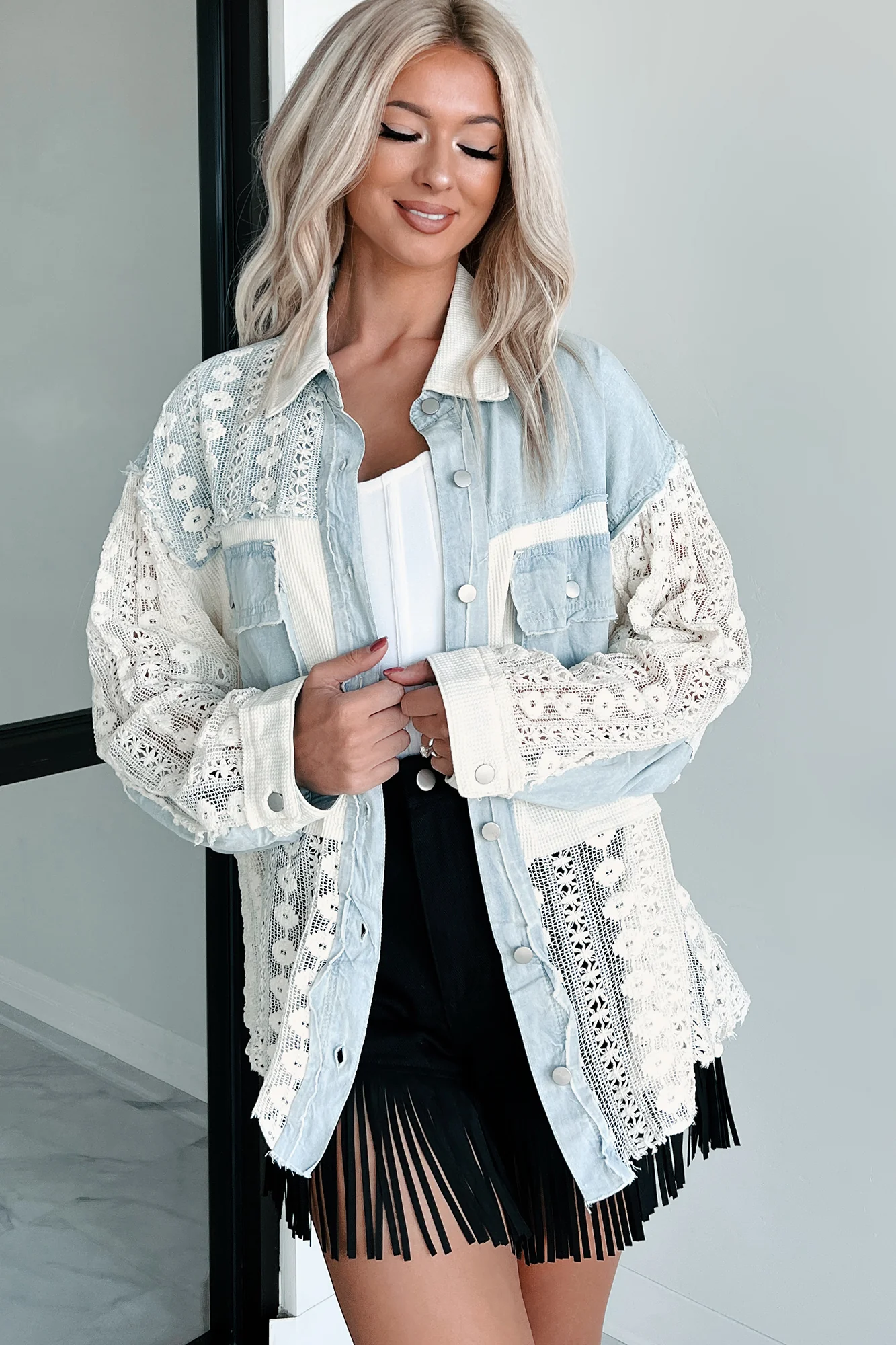 Unique & Interesting Lace Crochet Button-Down Shirt (Denim)