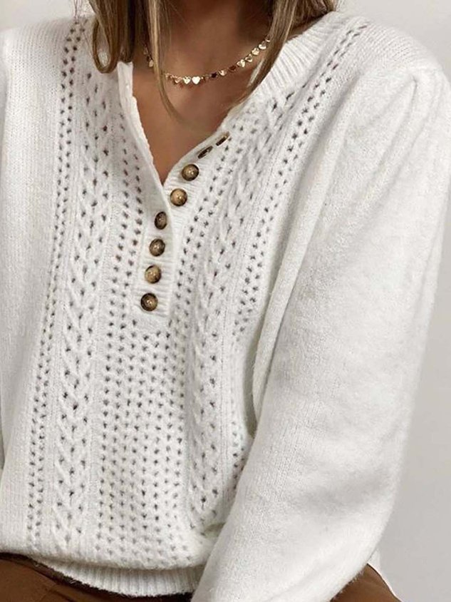 Long Sleeve  Cotton-blend  Crew Neck Casual  Winter  White Knit