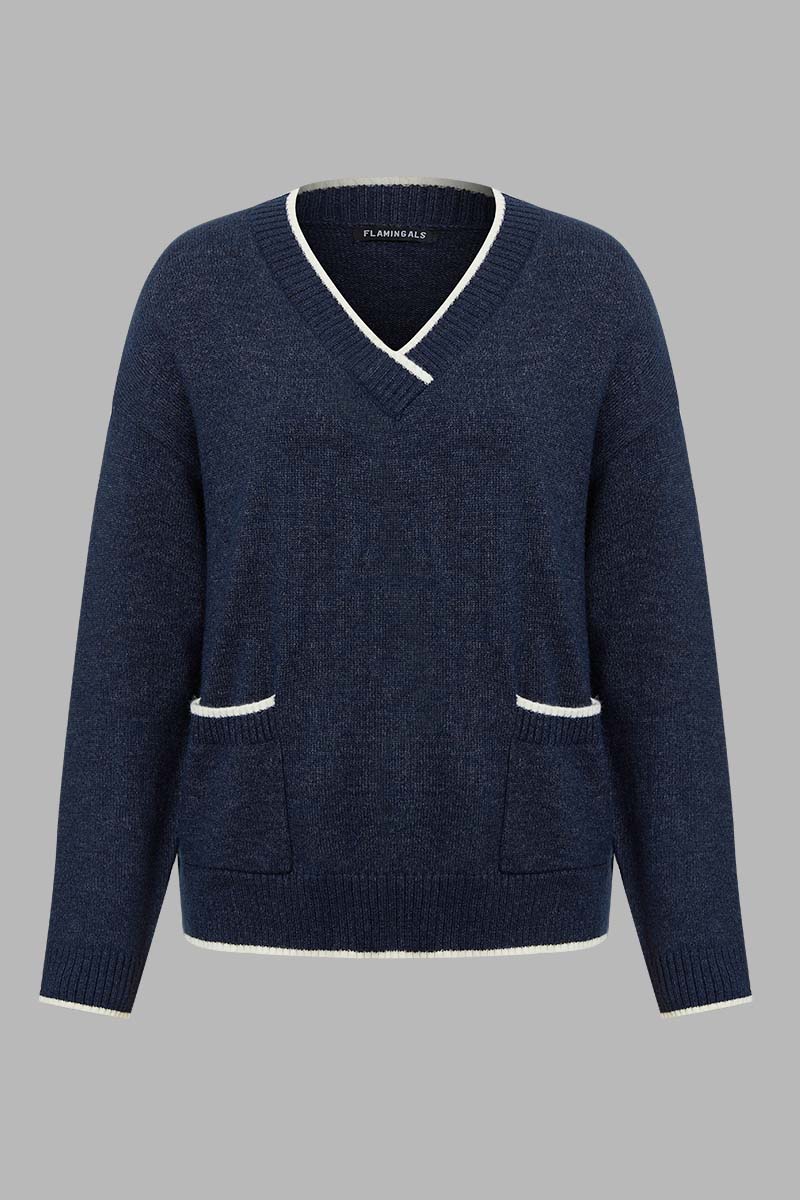 Contrast Binding Dual Pocket Rib-Knit Sweater