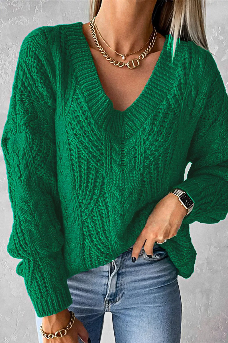 Solid Mixed Knit V Neck Long Sleeve Sweater
