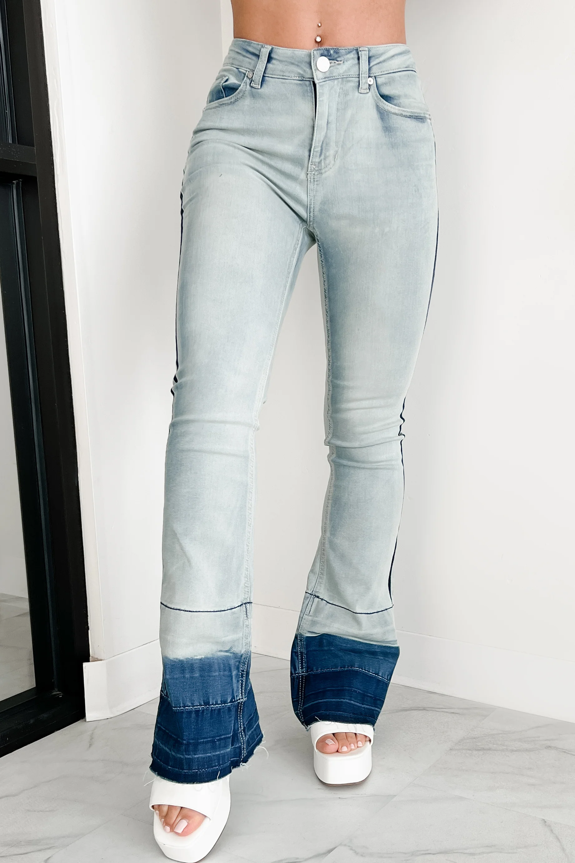 Jett High Rise Dip Dye Indigo Reign Flare Jeans (Light Wash)