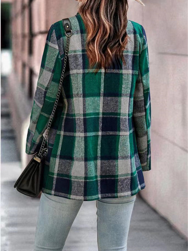 Loose Plaid Print Long Sleeve Pocket Coat