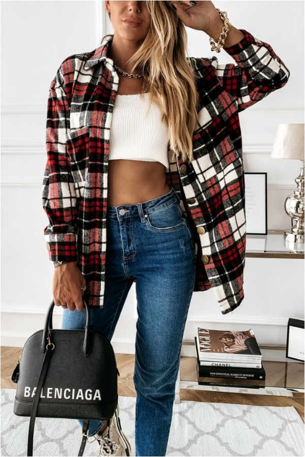 Fashion Casual Plaid Splicing Button Pocket Shirt