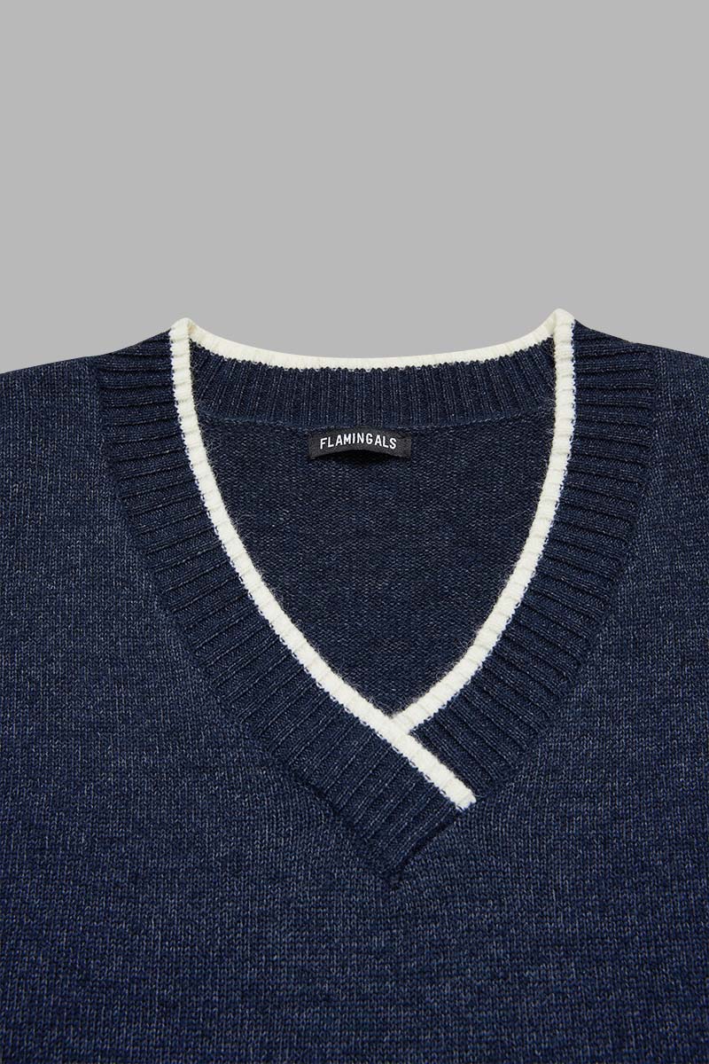 Contrast Binding Dual Pocket Rib-Knit Sweater